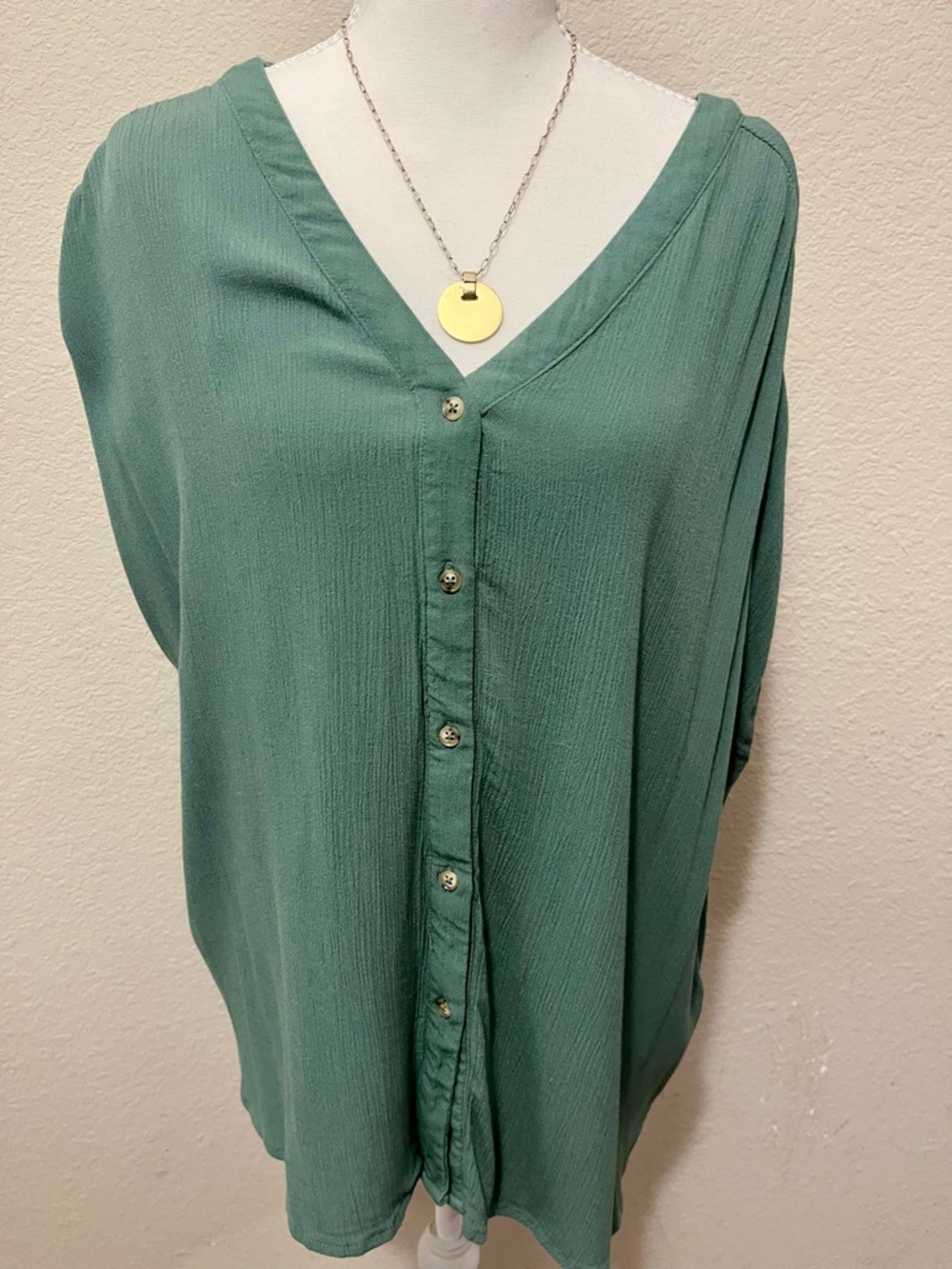 Orvis Sage Green Button-Front V-Neck Blouse